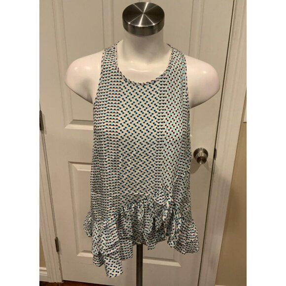 Parker Pink Blue White Geometric Silk Ruffle Sleeveless Peplum Tank Top, Size S - Picture 1 of 5